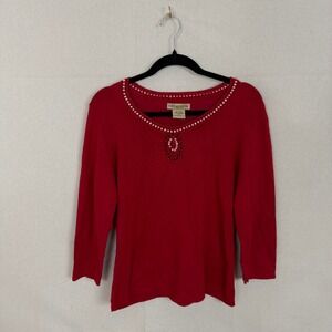 Vintage Notations Red Beaded Crochet Knit Top MSWU0627 Womens Medium 3/4 Sleeve